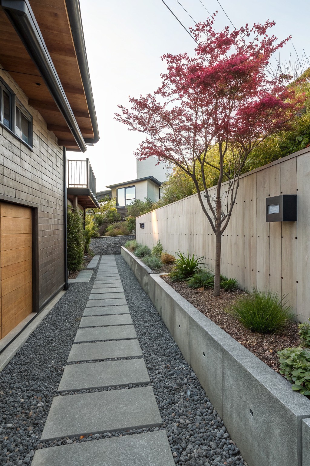 Narrow side yard pathway of large rectangular gray concrete pavers spaced apart in dark pea gravel, bordered by concrete retaining walls planted with grasses and a small tree, flanked by wooden fences and modern houses.