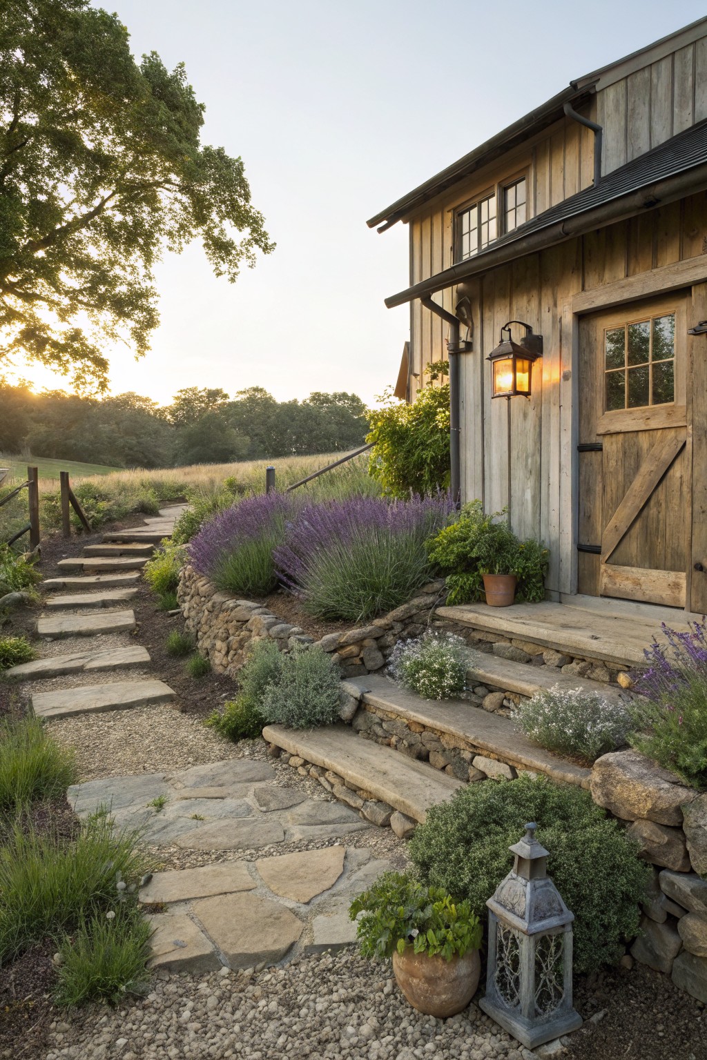 Wooden barn-style house exterior with barn door entry, flagstone stepping stones set in pea gravel path, stone retaining walls, lavender and other plants, lanterns, at golden hour light.