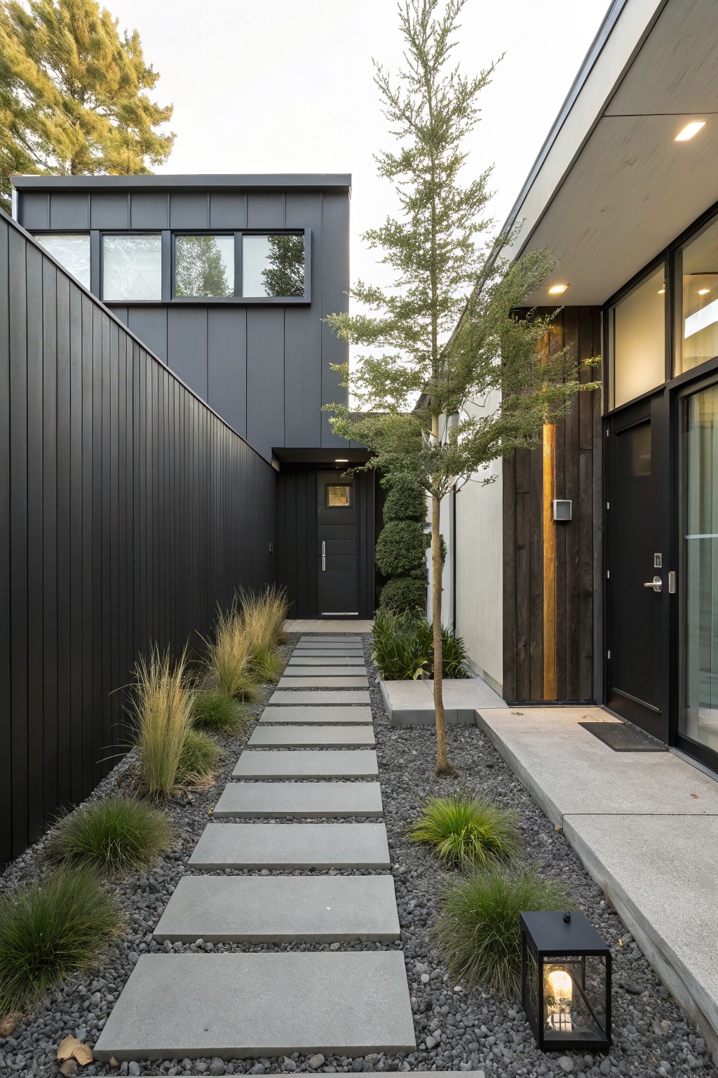 Narrow front yard pathway of large rectangular concrete stepping stones spaced in pea gravel ground cover, edged with ornamental grasses and a slim tree, leading between a black fence and modern house entry with black door.