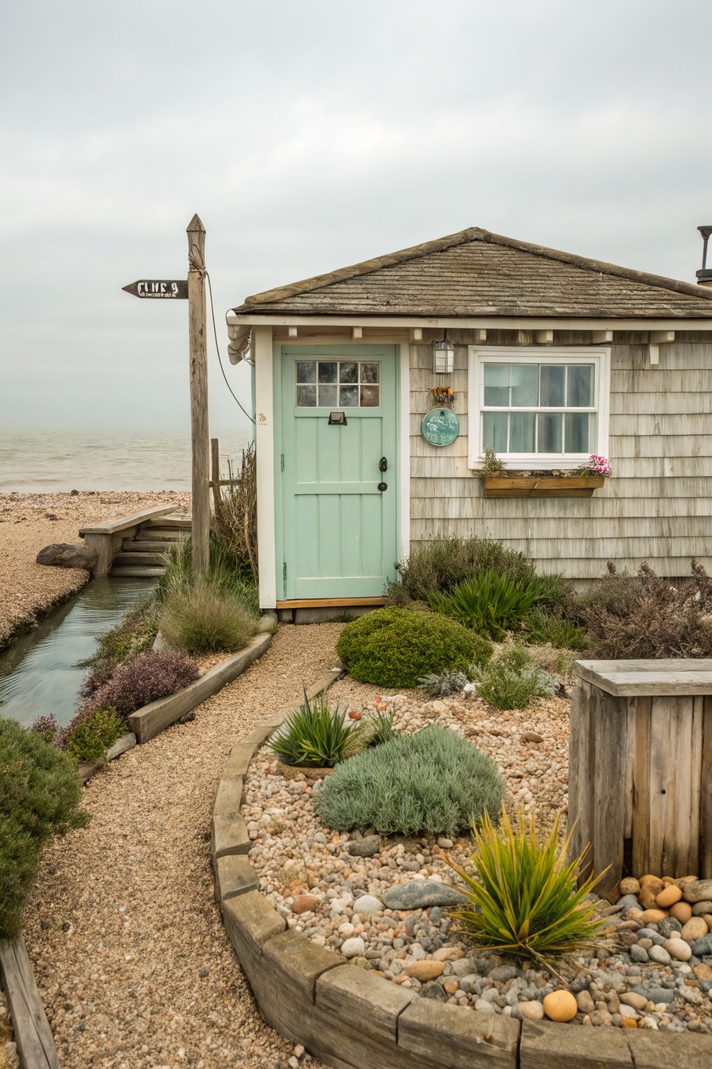 Small shingled beach cottage with mint green door and window box of flowers, fronted by curved pea gravel path and beds edged with wood rounds, planted with succulents and grasses, adjacent to pebbly beach and sea.