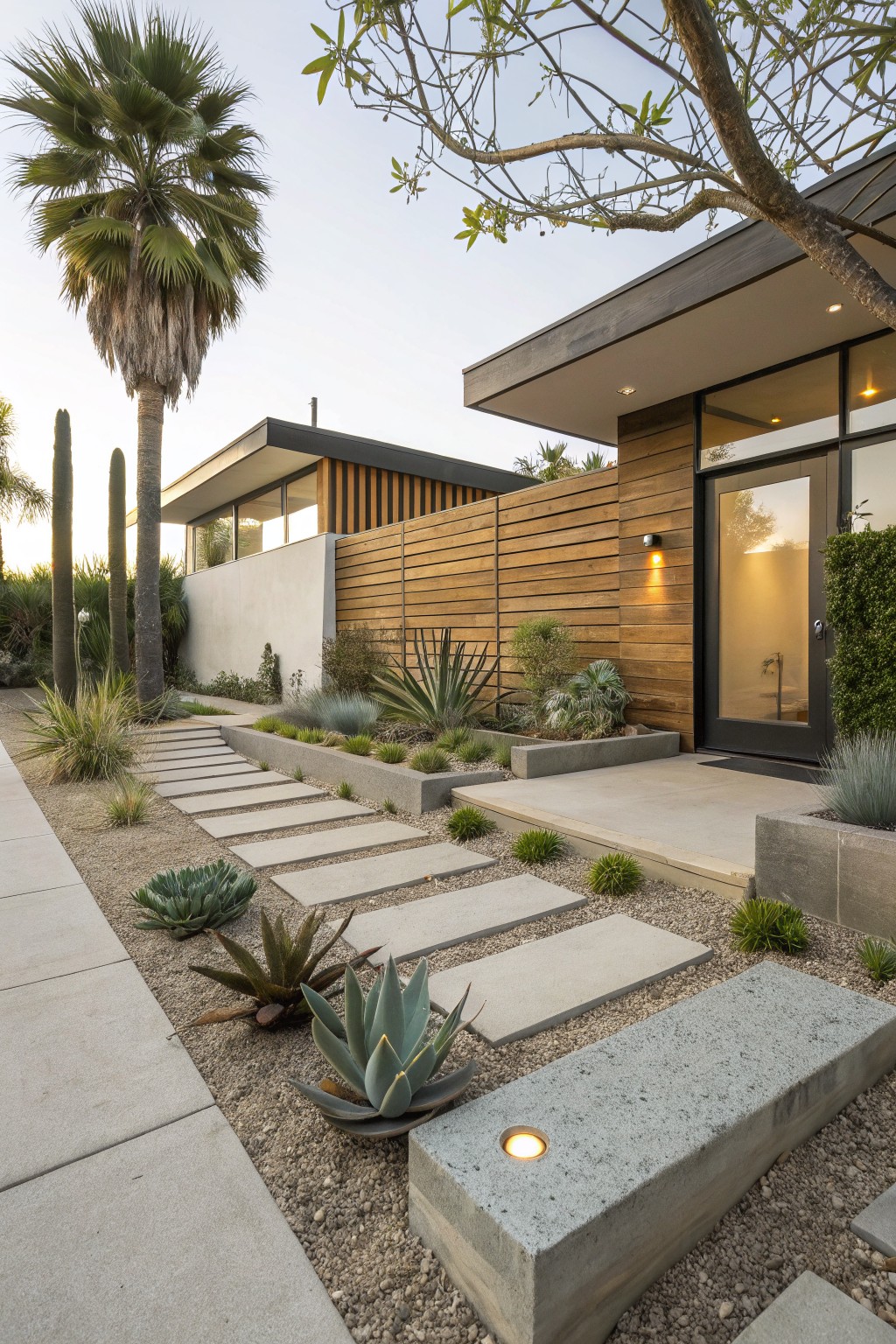 Front yard pathway of large rectangular concrete stepping stones set into pea gravel ground cover, edged with agave and succulent plants, leading to a modern house entrance with wooden siding and glass door.