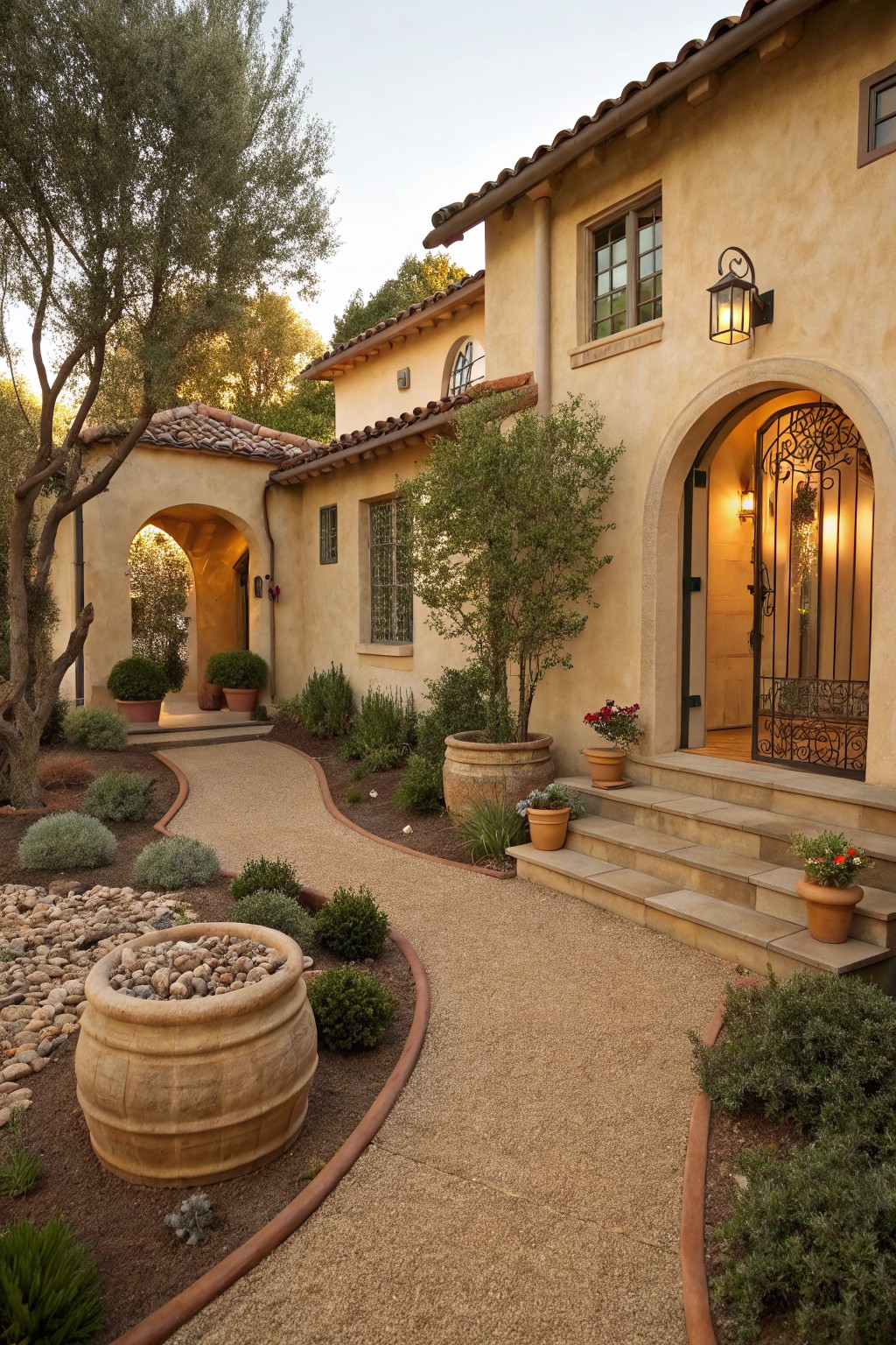 Front yard with a curved pea gravel pathway edged by low plants, shrubs, and stone borders, leading to steps at a beige stucco house entrance with arched wrought iron gate.
