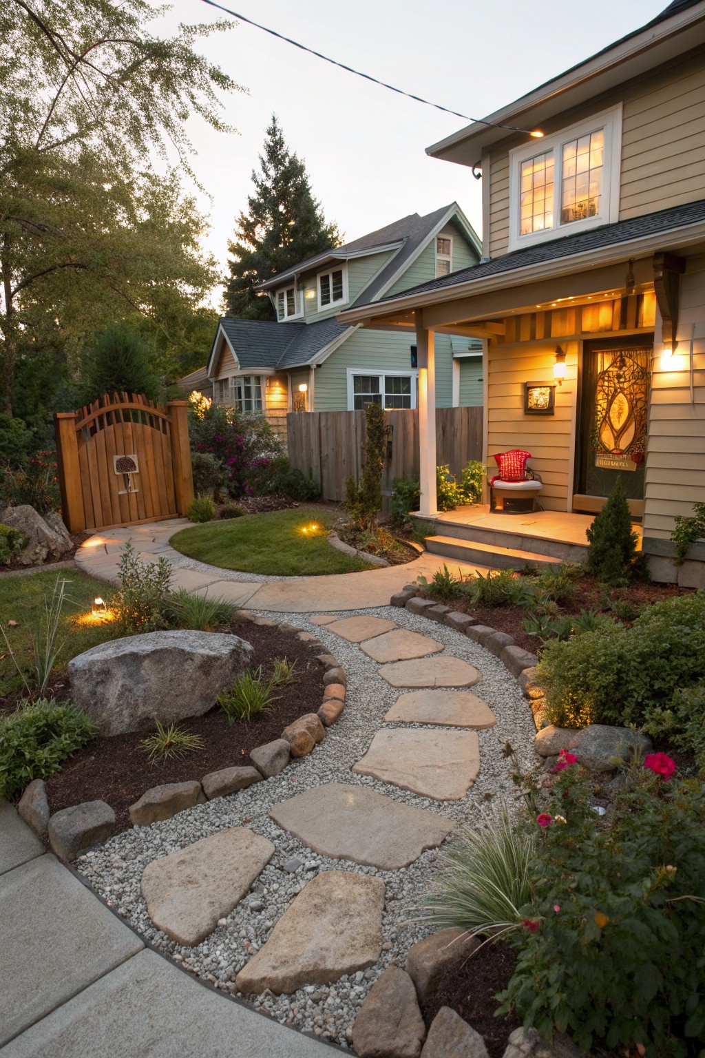 Front yard with a curved path of irregular flat stone stepping stones set into pea gravel, bordered by rocks, mulch, and low plants, leading to a porch on a beige house with neighboring homes and trees in the background.