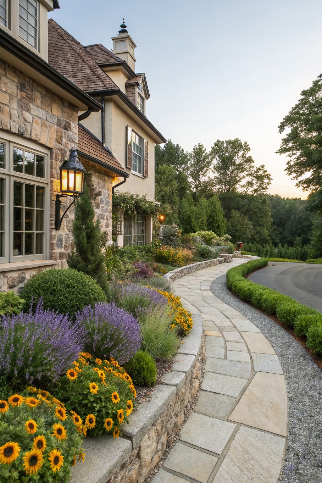 Curved flagstone pathway bordered by clusters of yellow black-eyed susan flowers, purple lavender, green shrubs, and ornamental grasses next to a low stone retaining wall, with a stone house and trees in the background at dusk.
