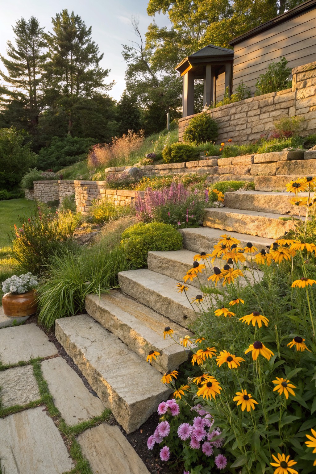 Stone slab steps ascending a terraced hillside garden, bordered by Black-Eyed Susans, ornamental grasses, shrubs, and stone retaining walls, with a house pavilion visible above.