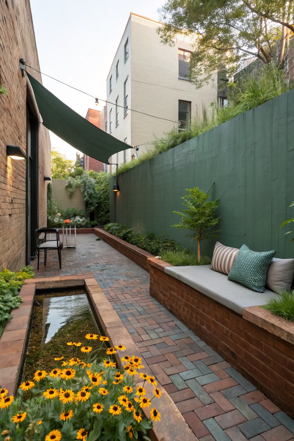 Narrow brick pathway in a urban backyard passageway with a rectangular water feature edged in yellow black-eyed Susan flowers, a built-in bench on a green fence, and greenery on surrounding brick walls.