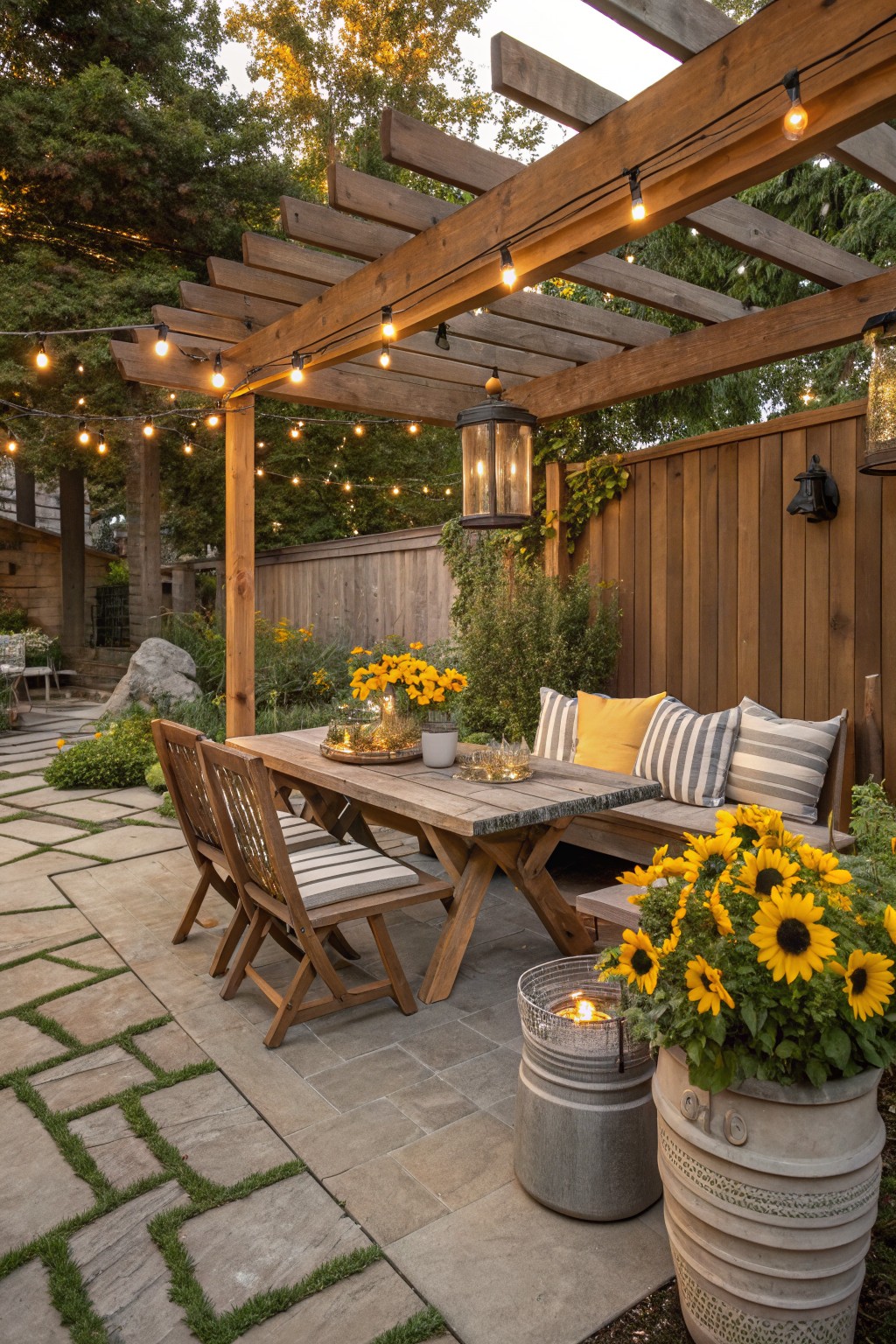 Wooden pergola with string lights over a rustic dining table, two chairs, and a bench with pillows, surrounded by potted sunflowers and lanterns on a paver stone patio with grass strips and wooden fence.