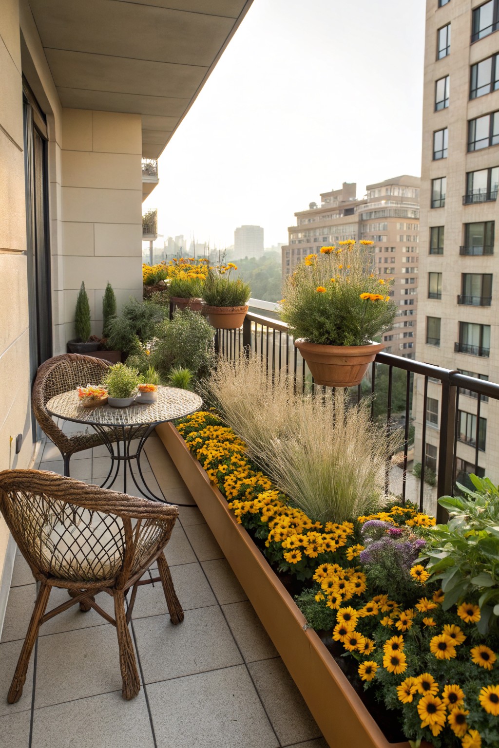 Balcony with long orange planter box overflowing with yellow Black-Eyed Susan flowers and grasses along the railing, wicker chairs and round table nearby, assorted potted plants, and city skyline view.