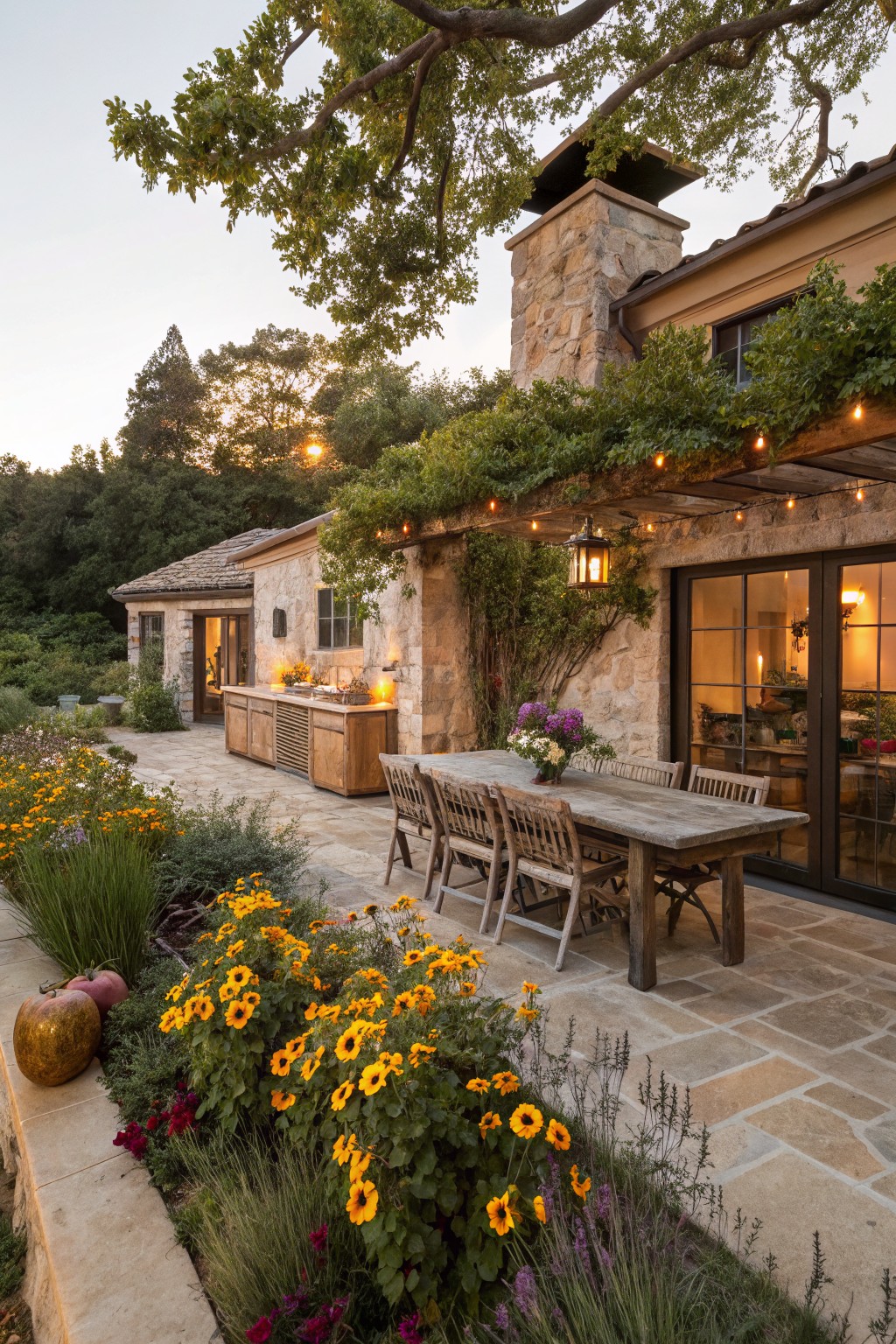 Stone patio with wooden dining table and chairs, built-in wooden outdoor kitchen counter, beds of yellow Black-Eyed Susan flowers and other plants along the edge, adjacent to beige stone house walls with glass doors and vine-covered pergola with string lights.