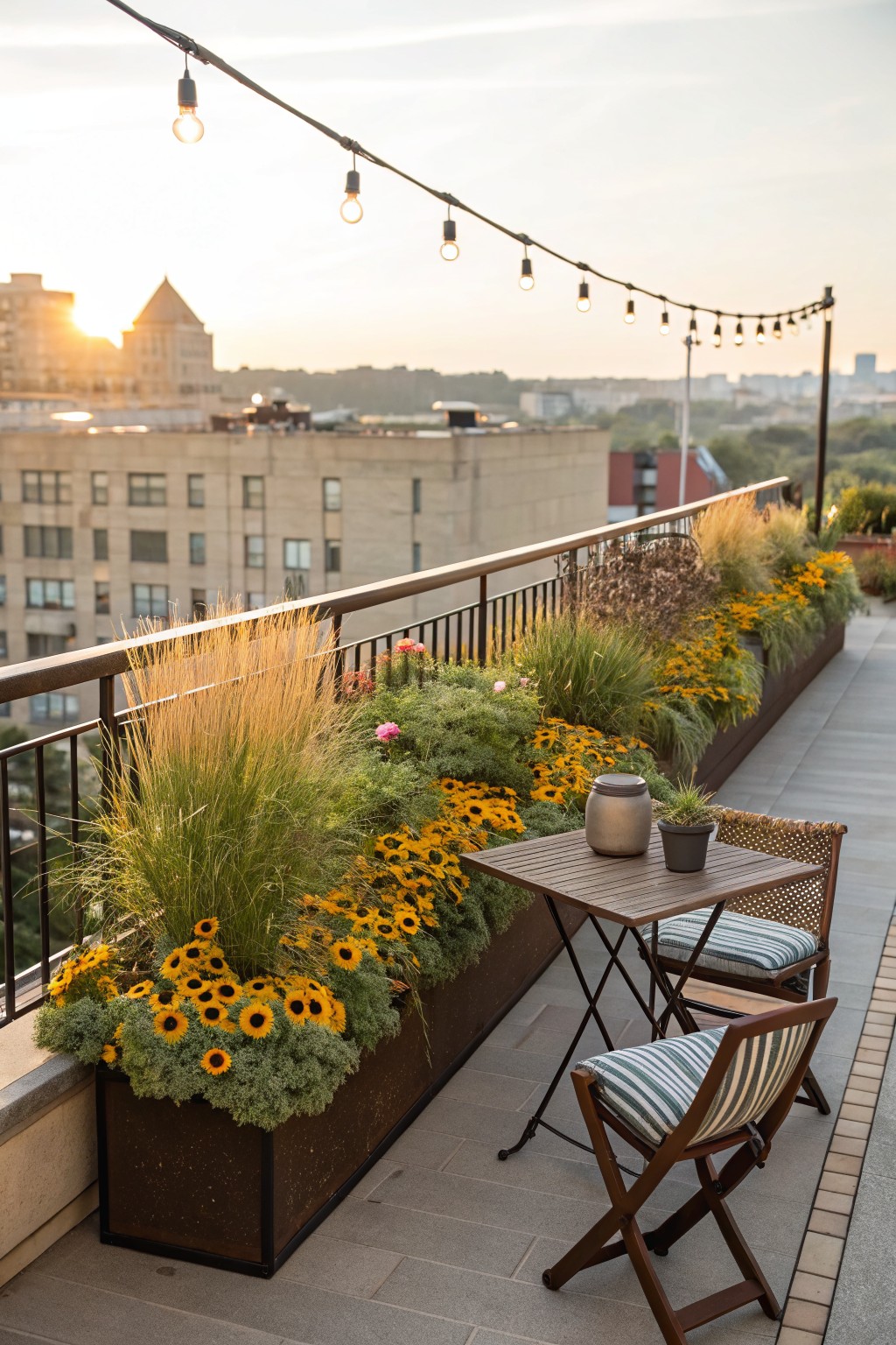 Rooftop balcony with long black metal planters along the railing filled with yellow black-eyed susans, ornamental grasses, and other plants, a small folding wooden table with a gray vase and potted plant, two wicker chairs with striped cushions, string lights overhead, and city buildings in the background at sunset.