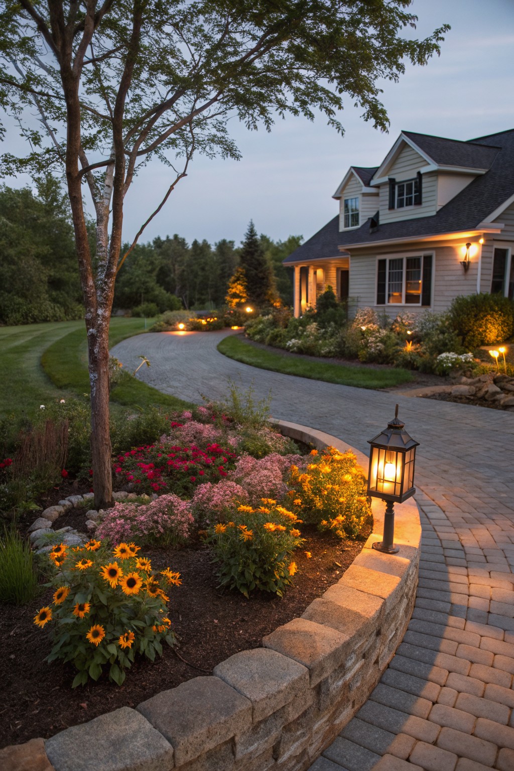 Curved paved driveway edged by flower beds with yellow Black-Eyed Susans, pink asters, and orange marigolds in a stone retaining wall, lit by a lantern, with a house and trees in the background at dusk.