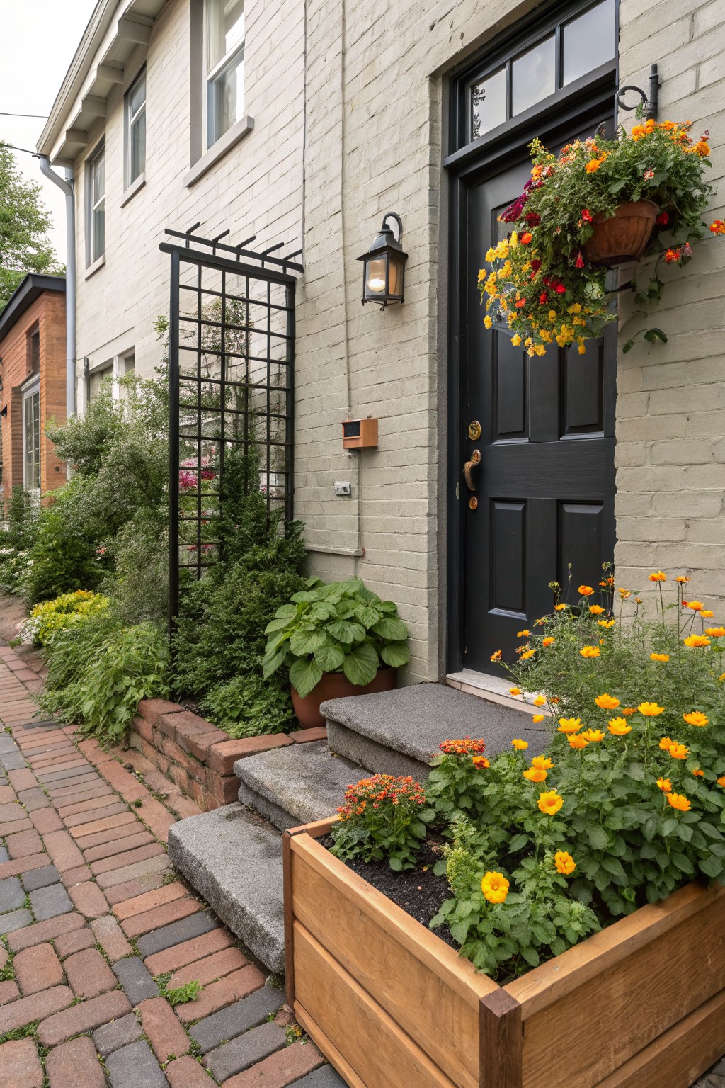Beige brick house with black front door, stone entry steps, wooden raised planter box filled with orange Black-Eyed Susans and other plants, brick pathway, hanging flower basket, and garden beds with greenery and flowers.
