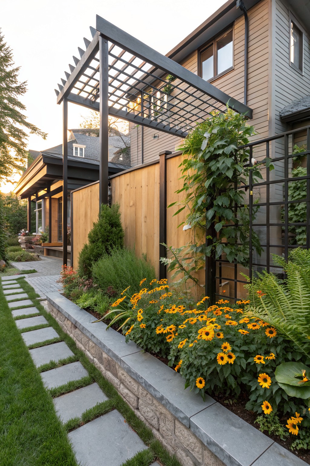 Gray concrete stepping stone path edged by a raised stone wall bed filled with yellow Black-Eyed Susans, ferns, hostas, and other green plants, beside a wooden fence and modern house with metal pergola and climbing vines.