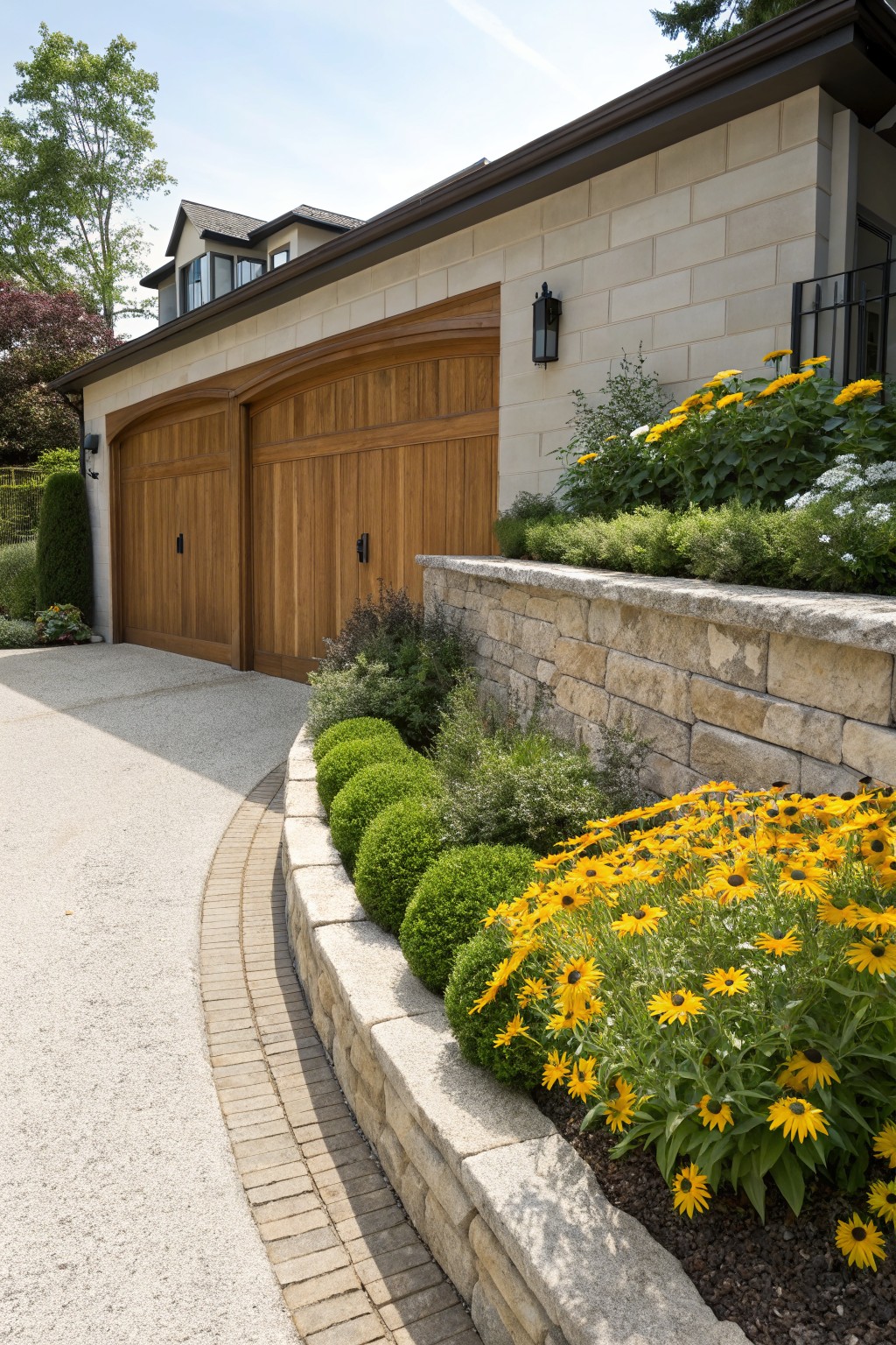 Curved beige stone retaining wall along a pebbled driveway planted with yellow black-eyed Susan flowers, green boxwood balls, and other plants, adjacent to a house with double wooden garage doors.
