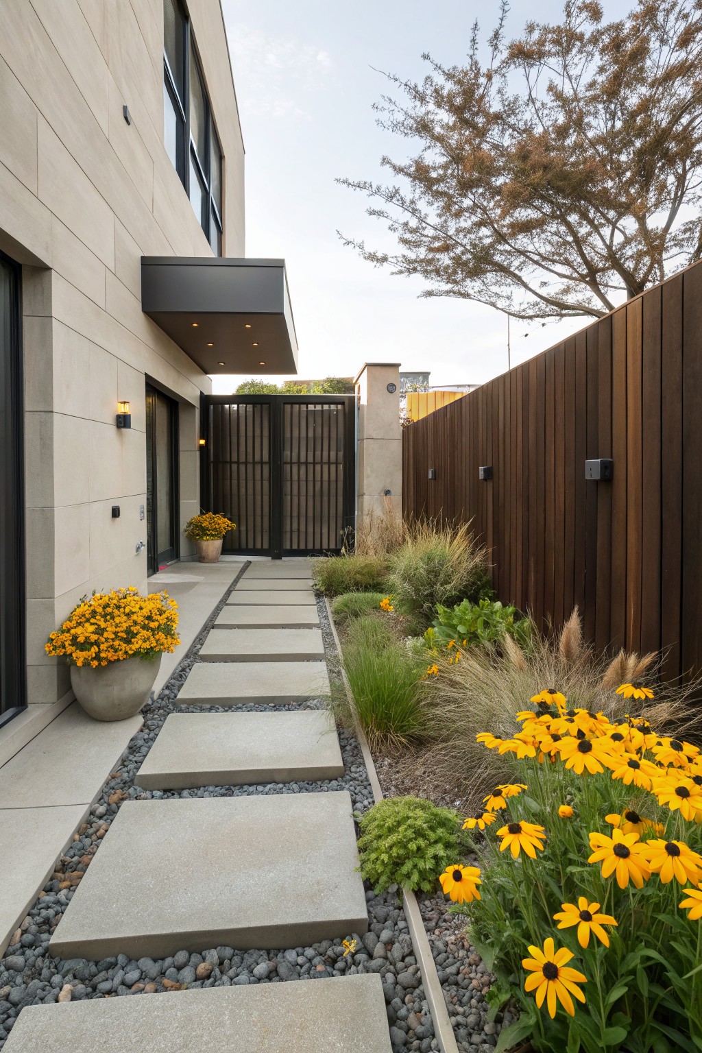 Stone slab pathway leading from a black metal gate to a modern house door, bordered by gravel, black-eyed Susan flowers, ornamental grasses, and potted plants, with a wooden fence on one side.