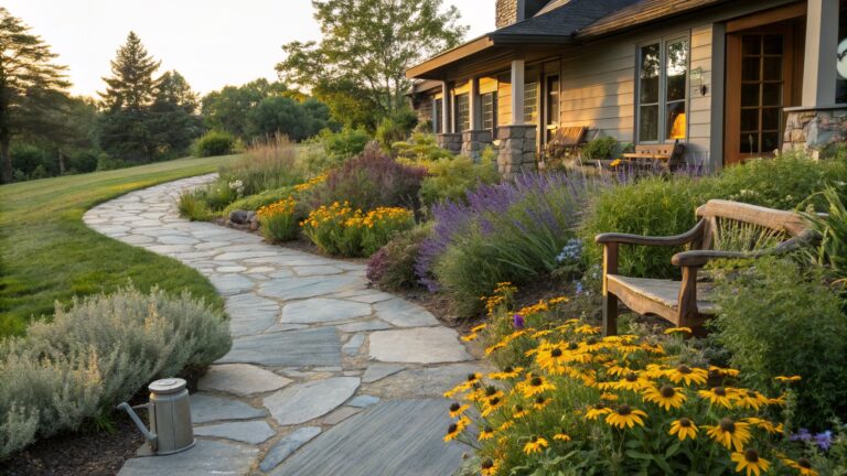 Winding gray flagstone path edged with lavender, grasses, and yellow black-eyed Susan flowers in a garden, with a wooden bench, metal watering can, and shingled house in the background at sunset.