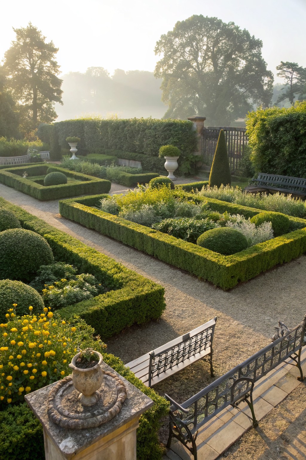 Overhead view of a formal parterre garden with geometric boxwood hedges forming beds and paths, gravel walkways, stone urns, metal benches, yellow flowers, and misty trees in the background.