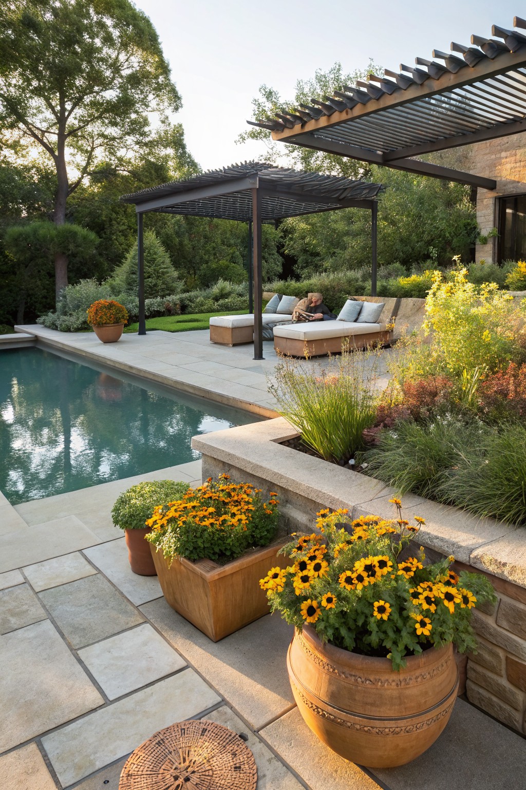 Pool terrace with lounge chairs under a metal pergola, edged by large terracotta pots and a wooden planter overflowing with black-eyed susan flowers, backed by a low stone wall and greenery.