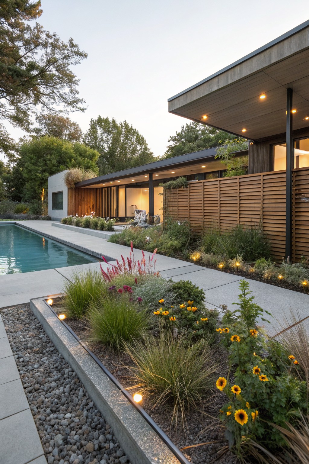 Modern house exterior at dusk beside a rectangular pool, with concrete path edged by gravel beds planted with ornamental grasses and yellow black-eyed Susan flowers, wooden slat privacy fence, and low pathway lights.