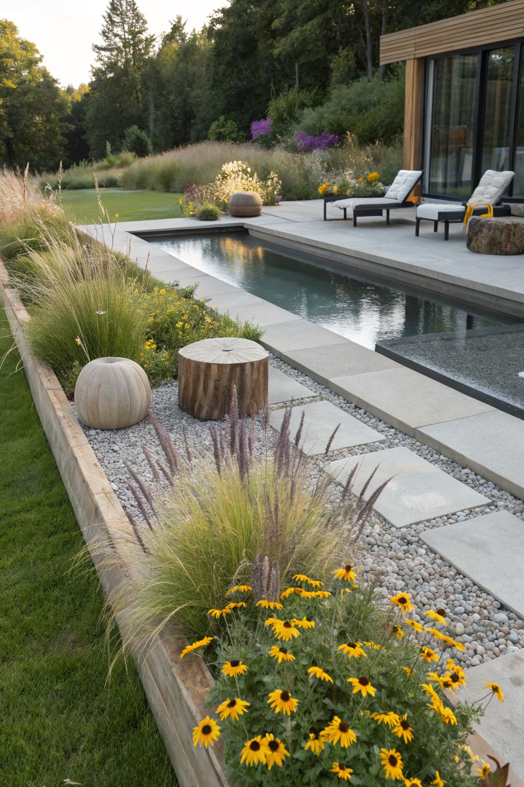 Long narrow pool with gray concrete surround and path, edged by wooden raised beds planted with yellow black-eyed Susan flowers, ornamental grasses, purple flowers, gravel mulch, stone pavers, wood stumps, and ball-shaped planters, adjacent to patio with lounge chairs and modern wooden house with glass doors.