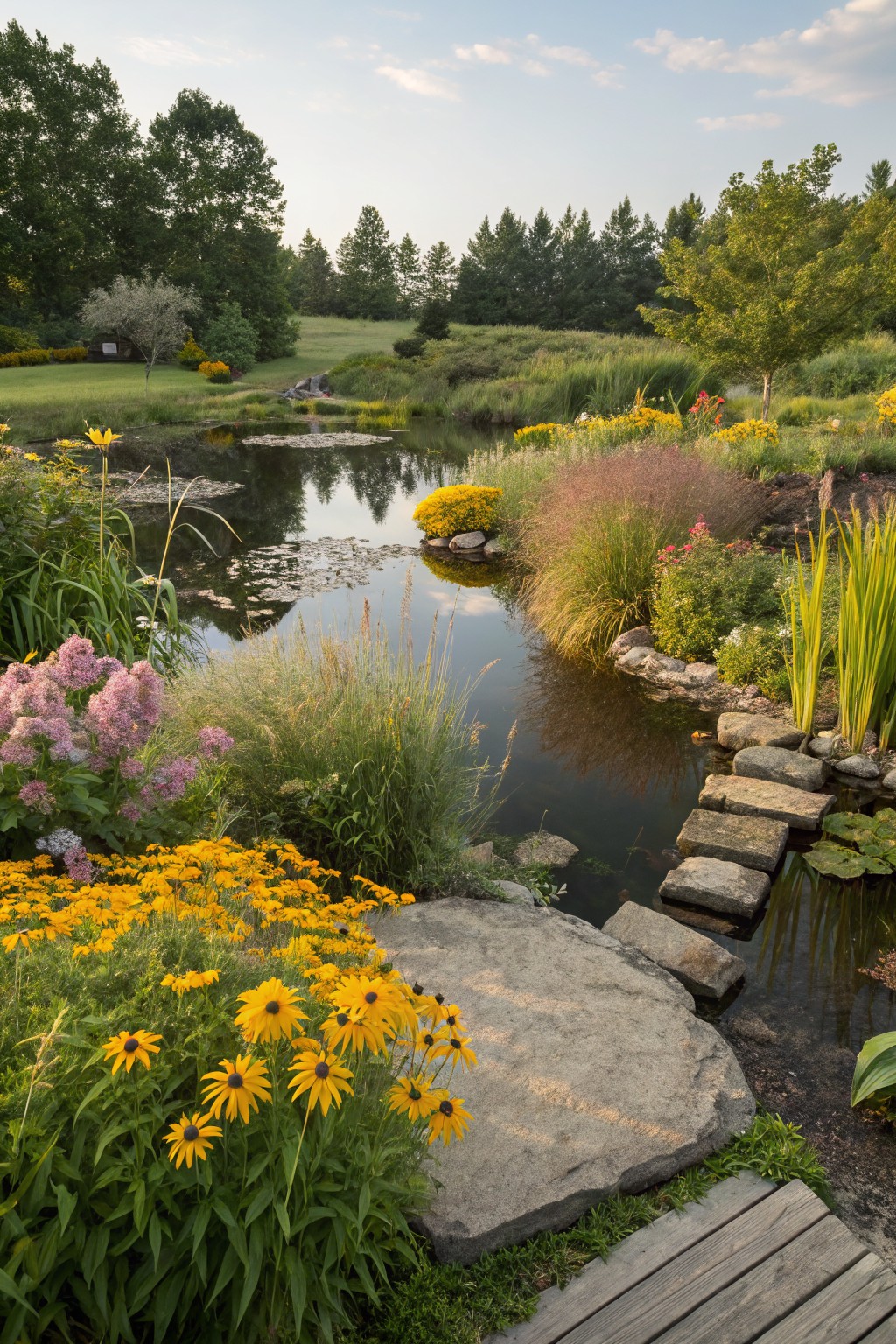 Garden pond with water lilies, stepping stones crossing the water, yellow black-eyed Susan flowers in clusters nearby, pink flower heads, ornamental grasses, rocks, and trees in a natural landscape.