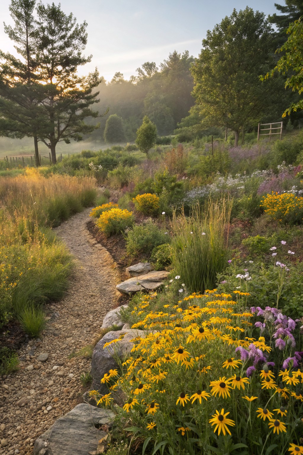 Winding gravel path edged with flat stones borders dense plantings of yellow black-eyed Susans, pink flowers, tall grasses, and shrubs in a misty morning garden with trees in the background.