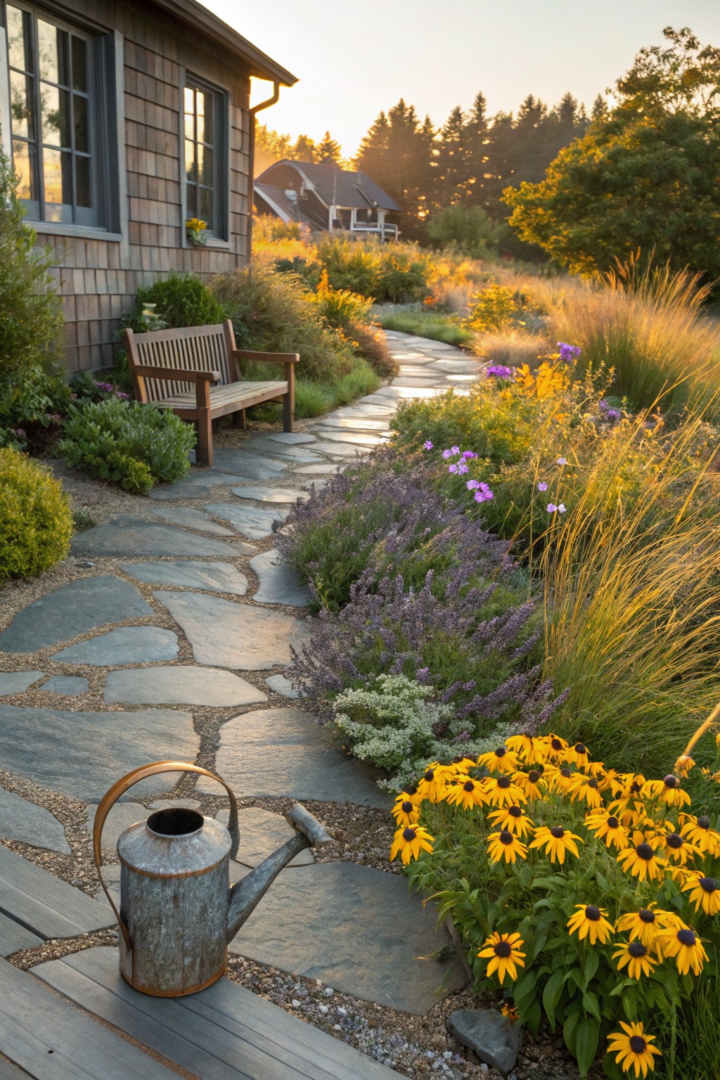 Winding gray flagstone path edged with lavender, grasses, and yellow black-eyed Susan flowers in a garden, with a wooden bench, metal watering can, and shingled house in the background at sunset.