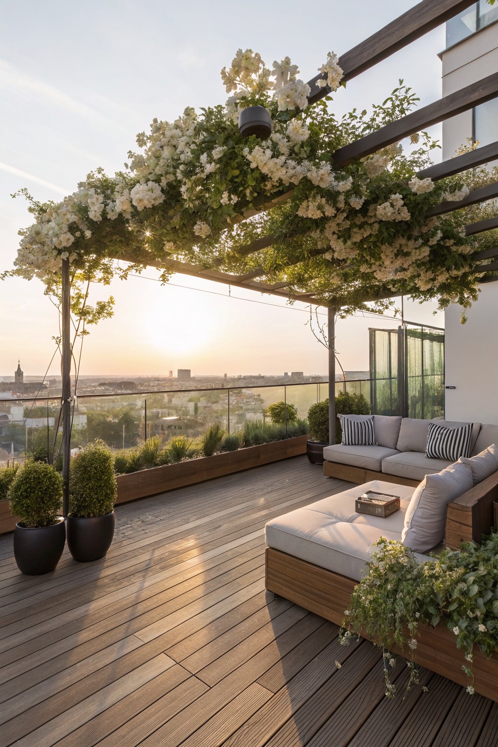 Rooftop terrace featuring wooden pergola covered in white flowering vines, wooden decking, outdoor sofa and daybed with cushions, potted plants, and city view at sunset.