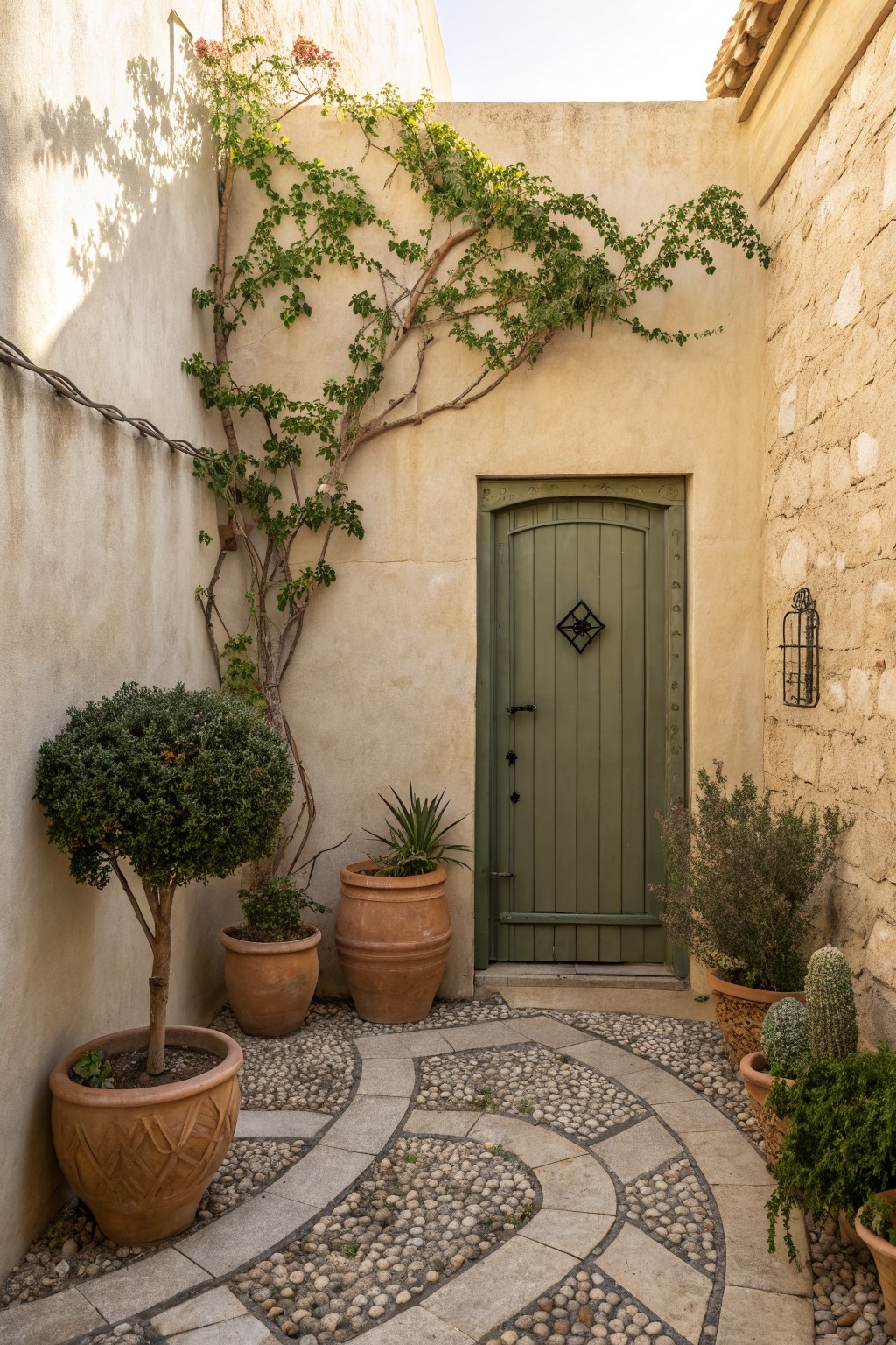 Narrow courtyard with beige stone walls, green arched wooden door with black hardware, climbing green vine on one wall, assorted potted plants in terracotta pots, and curving pebble pathway leading to the door.