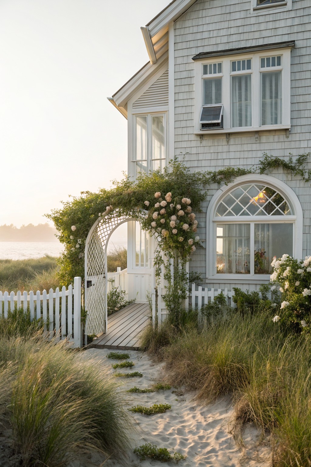 Gray shingled beach house corner with white trim, arched white gate covered in pink flowering vines under a trellis, white picket fence, wooden walkway through sand and dune grass toward ocean.