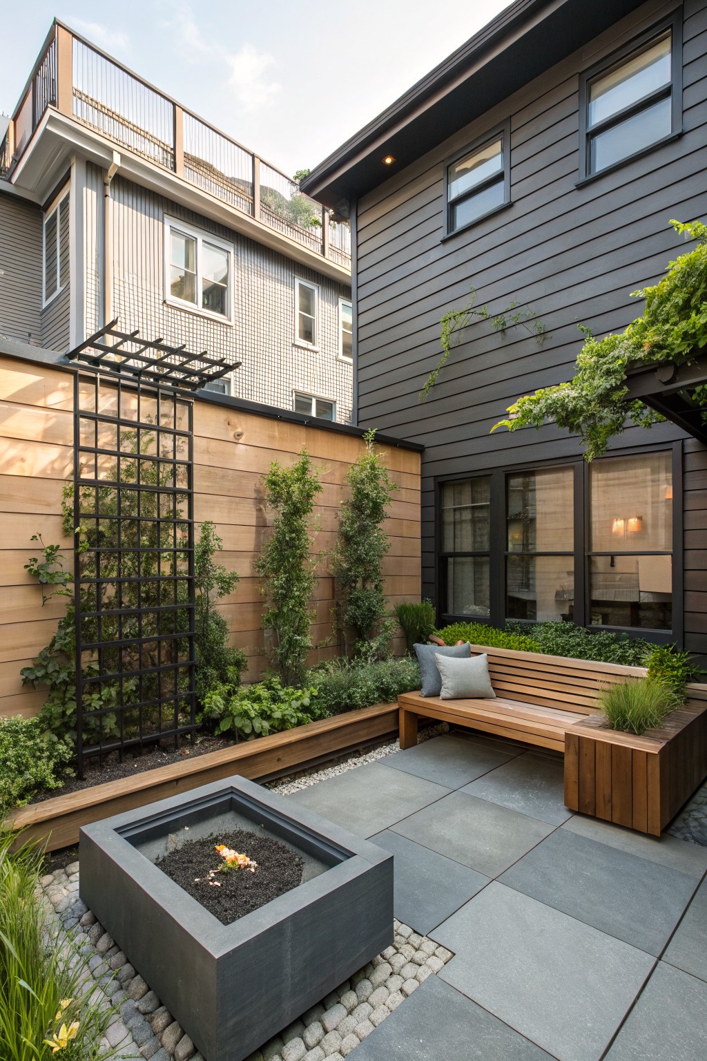 Backyard patio with square gray concrete fire pit, wooden bench on raised platform, black metal trellis supporting green climbing vines against horizontal cedar fence, slate pavers, gravel edges, and container plants next to dark gray house wall.