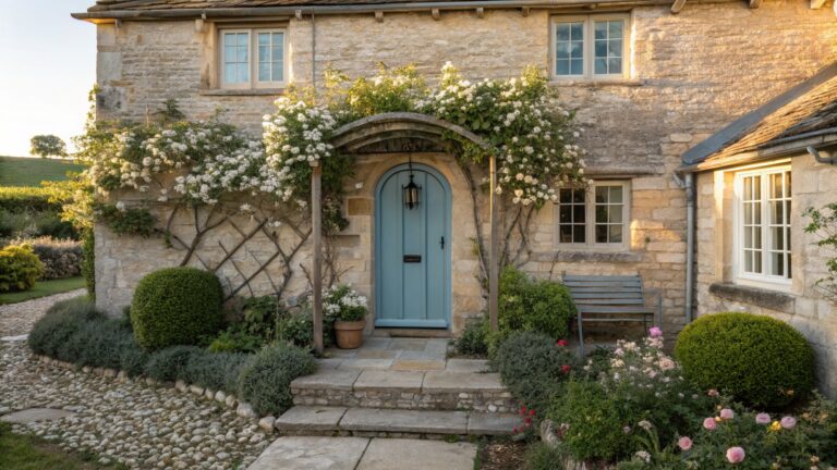 Stone cottage with arched porch entry covered in white-flowering climbing vines over a blue front door, stone steps, boxwood shrubs, and gravel path.