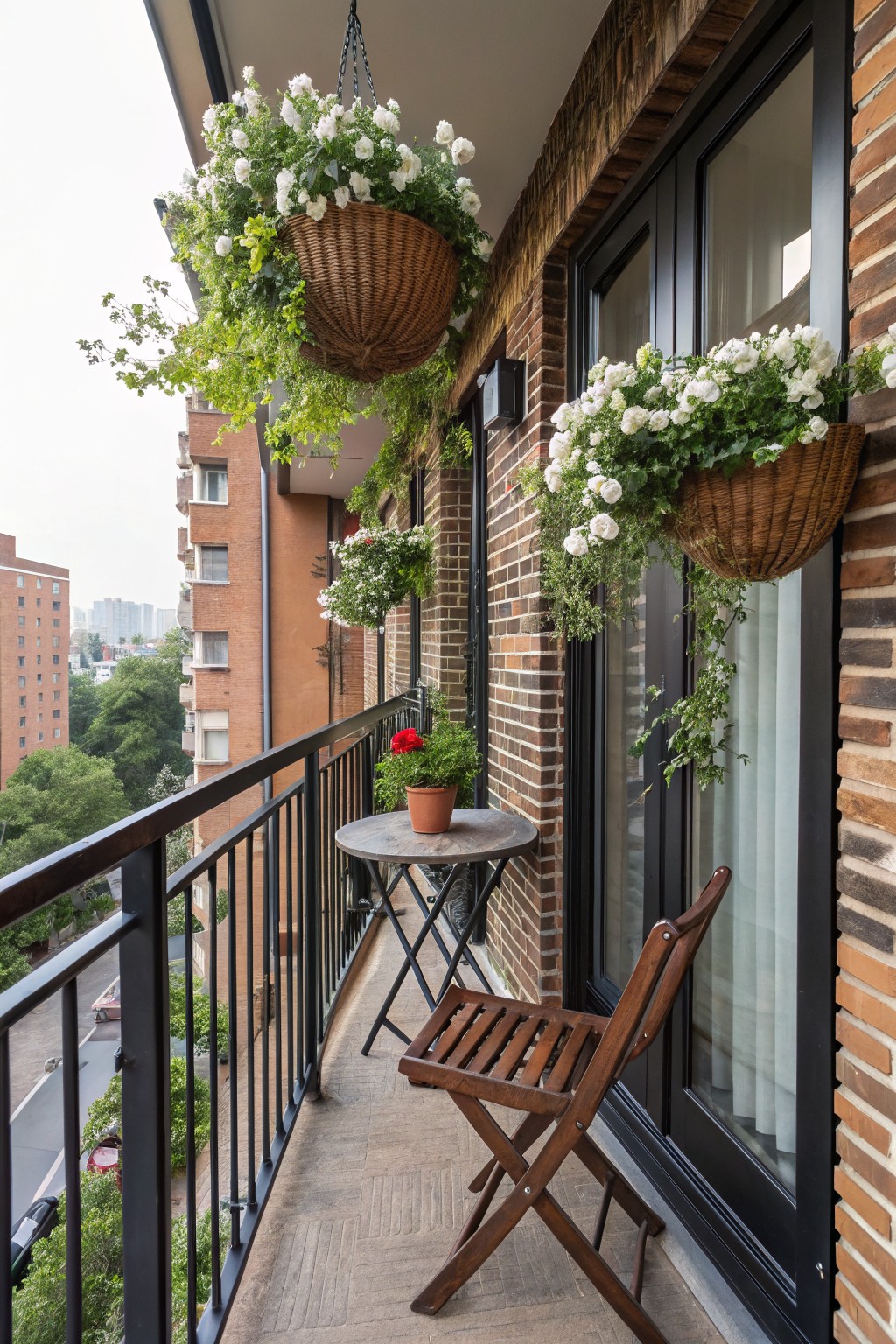 Urban balcony with wicker hanging baskets overflowing with white jasmine flowers, a small round table holding potted plants including a red geranium, a wooden folding chair, black-framed glass doors, and brick walls overlooking city buildings.