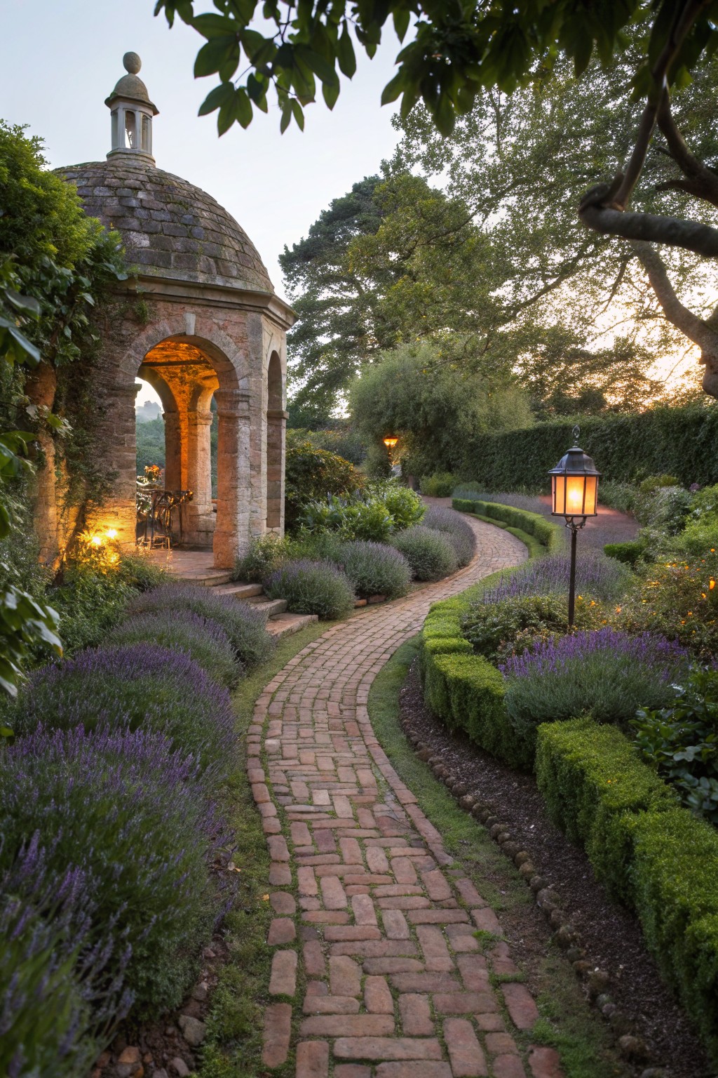 Curved brick pathway lined with lavender shrubs and boxwood hedges leading to a stone pavilion with arched entrance, lit by lanterns in a garden setting at dusk.