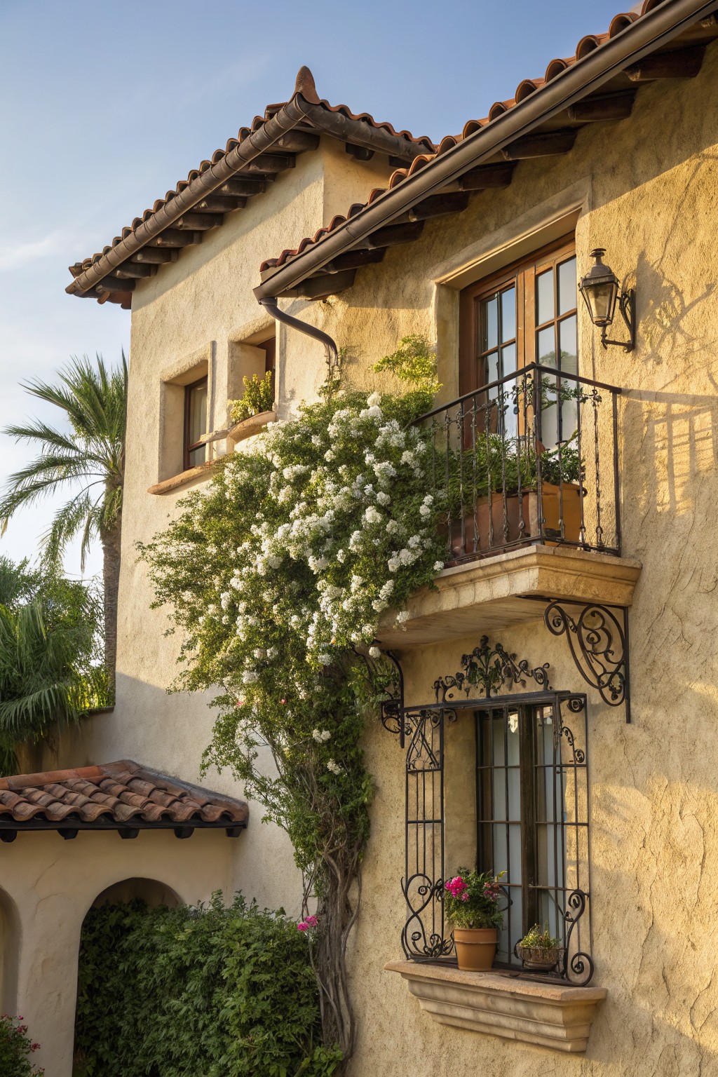 Beige stucco house exterior with red tile roof, wrought iron balconies and window grilles draped in blooming white jasmine vines, potted plants, and nearby palm trees under a blue sky.