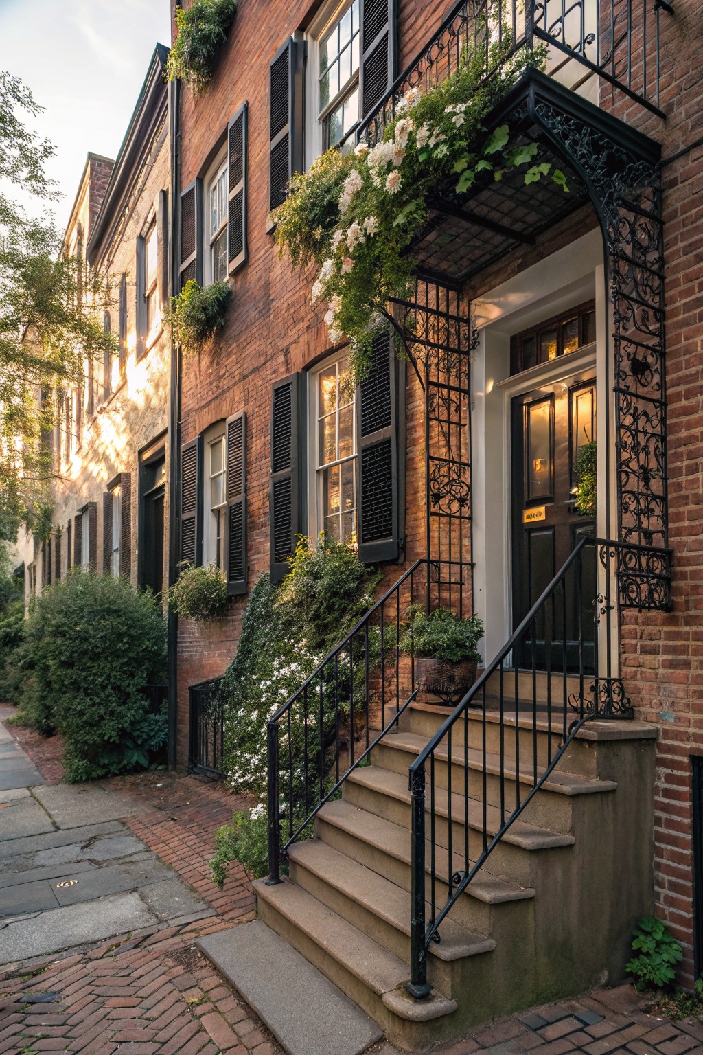 Brick townhouse facade with black wrought iron entry canopy and railings covered in white blooming vines, steps leading to a dark door, flanked by greenery and potted plants on a brick-paved street.