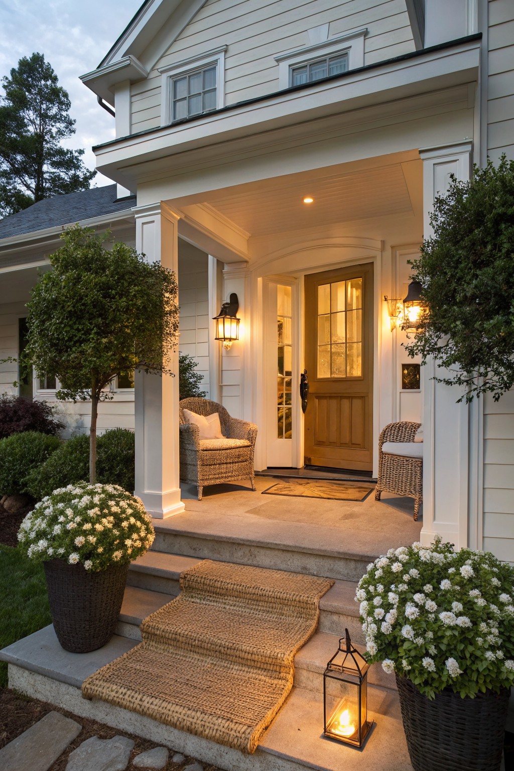 White clapboard house front porch at dusk with open wood-and-glass door, wicker chairs, lanterns, seagrass runner on concrete steps, and matching black pots of white-flowering shrubs flanking the steps.