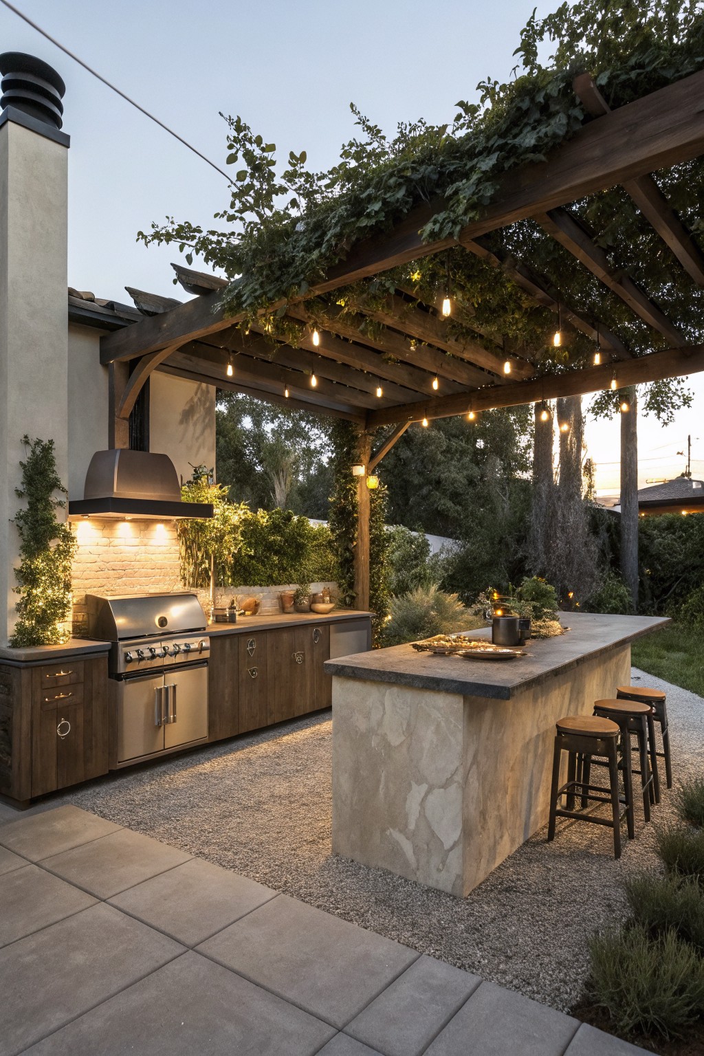 Wooden pergola covered in green climbing vines and strung with lights over an outdoor kitchen island with grill, cabinets, and barstools on a gravel and concrete paver patio surrounded by plants.