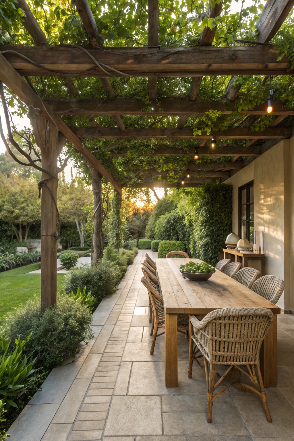 Wooden pergola covered in green leafy vines over a long rectangular dining table with rattan chairs on a stone paver patio, adjacent to a garden and house wall.