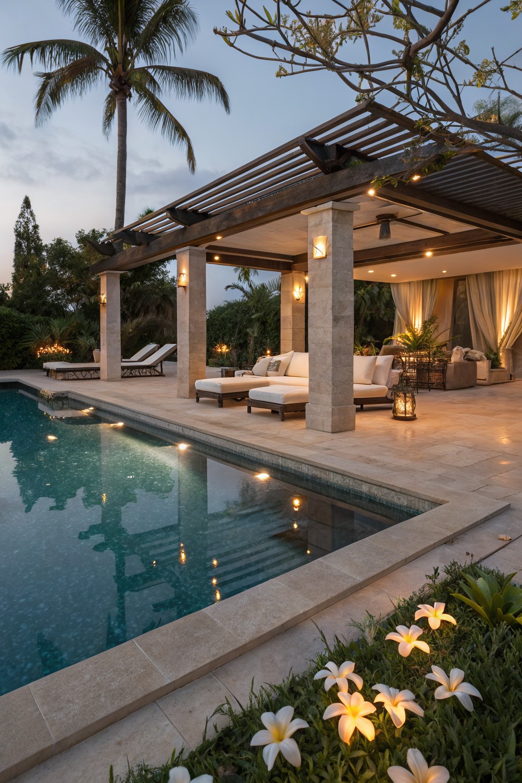 Dusk view of a poolside patio with pergola, stone pillars, lounge seating, lanterns, and clusters of white plumeria flowers in a grass border along the pool edge.