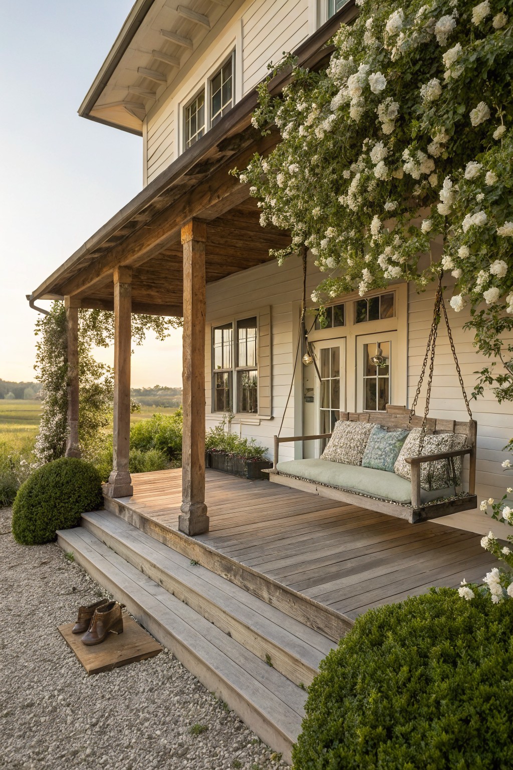White clapboard house with wooden porch posts, hanging swing with cushions under white climbing flowers on the roofline, boxwood shrubs, gravel area, and steps.