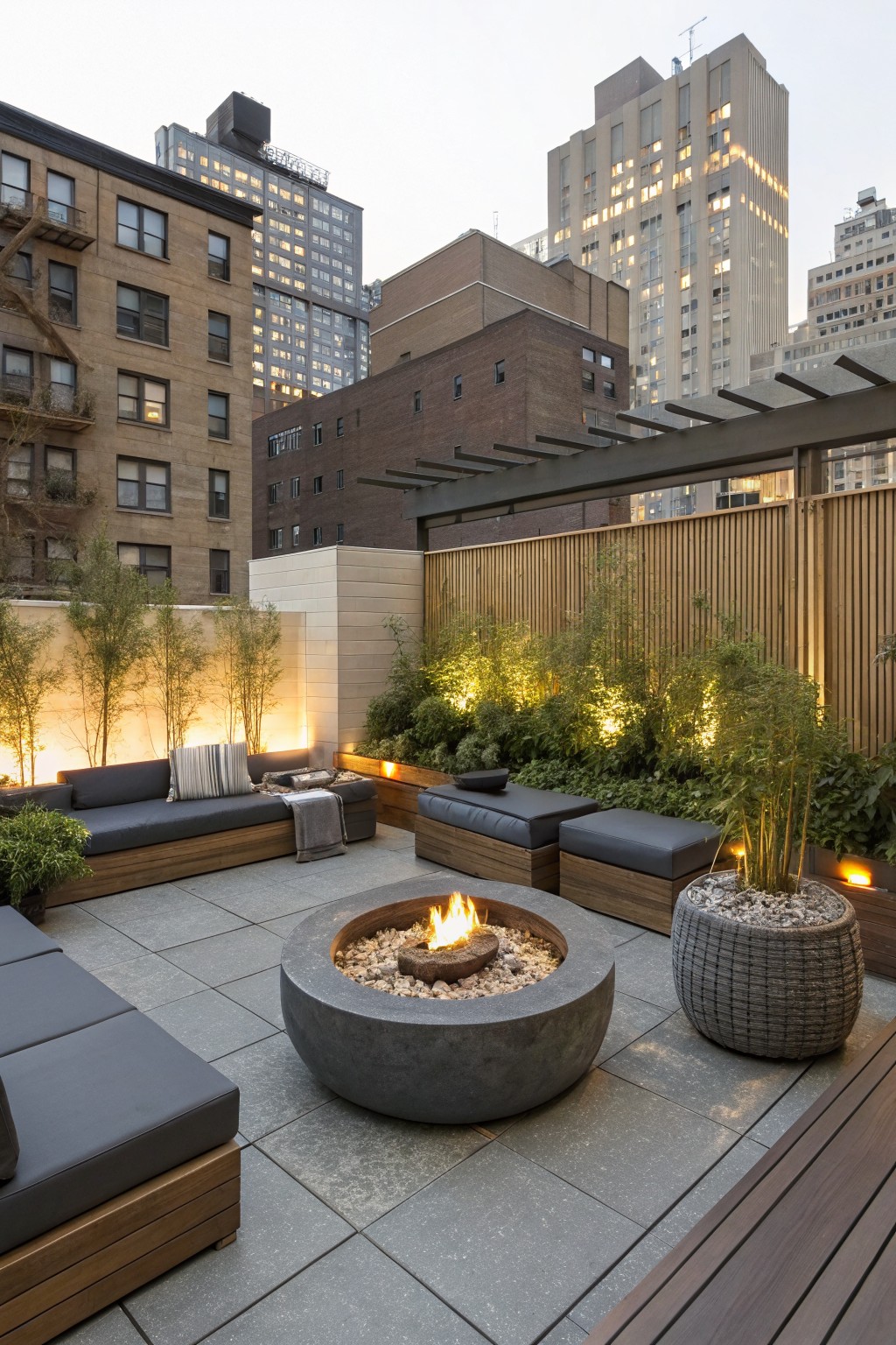 Rooftop terrace with central gray concrete fire pit filled with rocks and flames, surrounded by low modular gray sofas, built-in benches, potted bamboo plants, wooden screens, and city buildings in the background.
