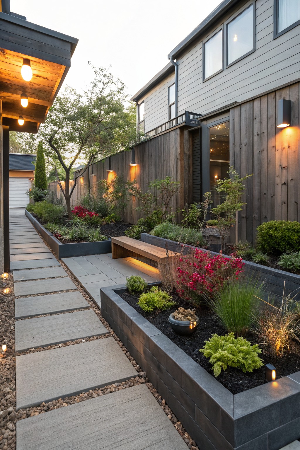 Concrete paver pathway flanked by tall black metal raised beds planted with grasses, shrubs, red flowers, and succulents, featuring a wooden bench and low garden lights next to a wooden fence and modern house exterior.