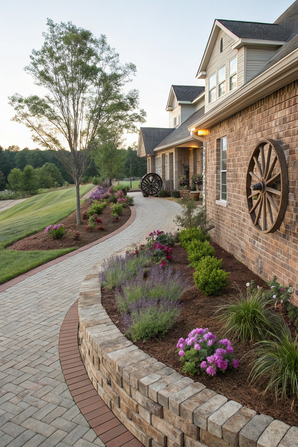 Curved paver pathway bordered by raised stone walls with lavender, pink flowers, ornamental grasses, and shrubs next to a brick house exterior decorated with wooden wagon wheels.