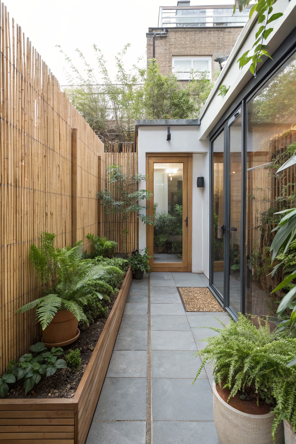 Narrow garden pathway with bamboo slat fencing on both sides, wooden planters filled with ferns and greenery, slate pavers, and an entry with wooden door and glass sliding doors on a white exterior wall.