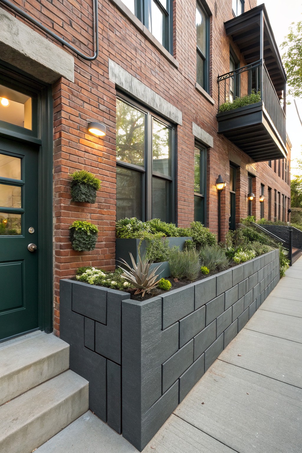 Brick rowhouse exterior with green front door, hanging planters on the wall, large gray concrete block planter filled with succulents and grasses along the sidewalk, and metal balcony overhead.
