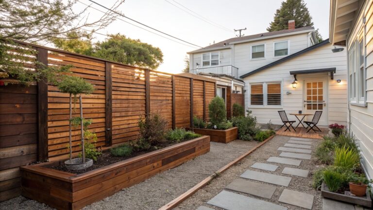 Narrow outdoor pathway lined with gravel and stepping stones between a white brick wall on one side and tall horizontal wooden slat fence on the other, featuring potted plants, a small table with chairs, and greenery.