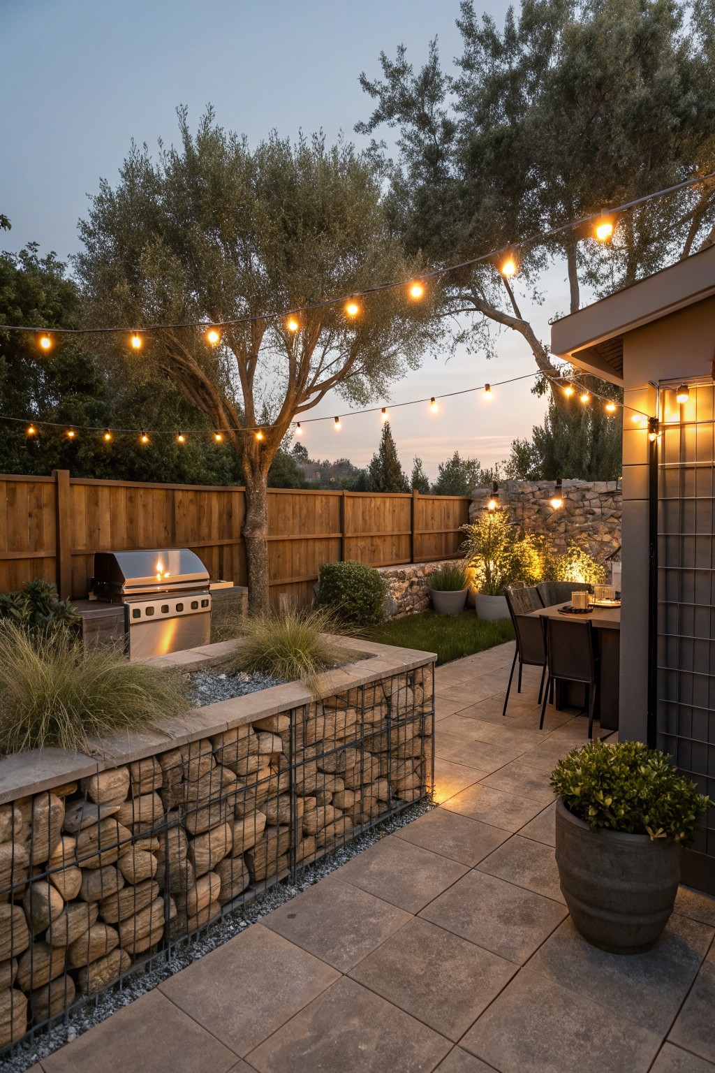 Backyard patio area featuring gabion stone walls around a raised planter bed next to a stainless steel BBQ grill, with ornamental grasses, a wooden fence, string lights in olive trees overhead, and a dining table on gray stone pavers.