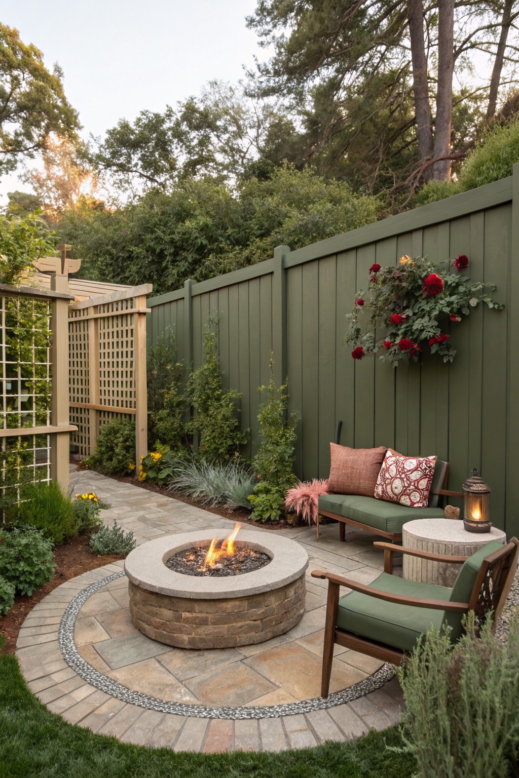 Backyard patio area with sage green wooden privacy fence covered in red climbing roses, central circular stone fire pit on paver patio, wooden chairs and bench, pathway, and surrounding plants and trees.
