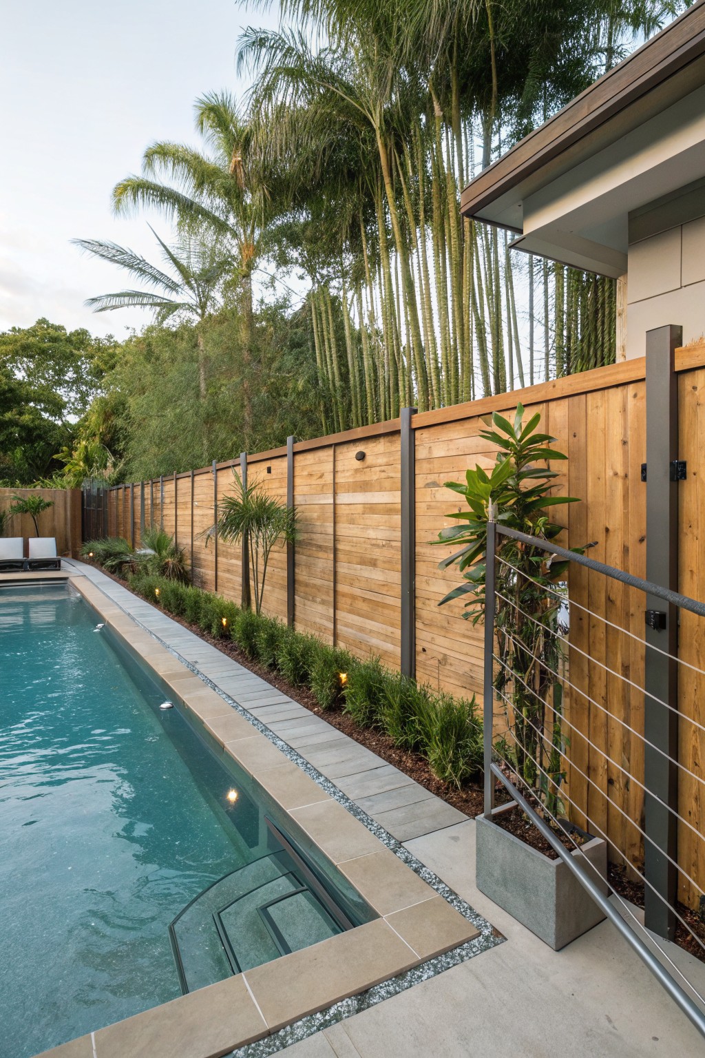 Narrow inground pool with turquoise water next to a tall horizontal cedar slat fence on dark metal posts, flanked by tropical plants and palm trees in a backyard.